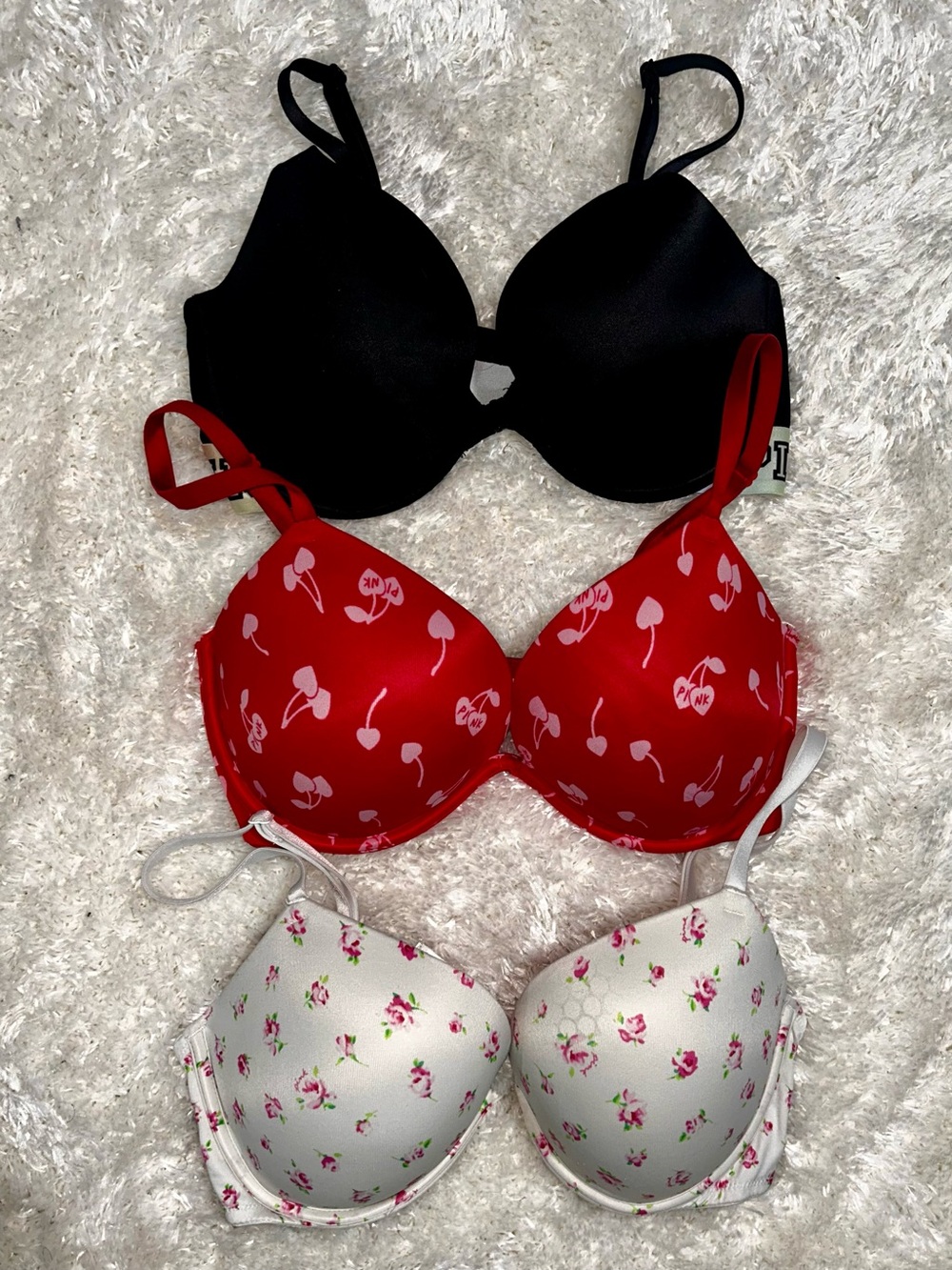 PINK Victoria's Secret 3-Pack Bra Set — Black, Red Cherry Print & White Floral